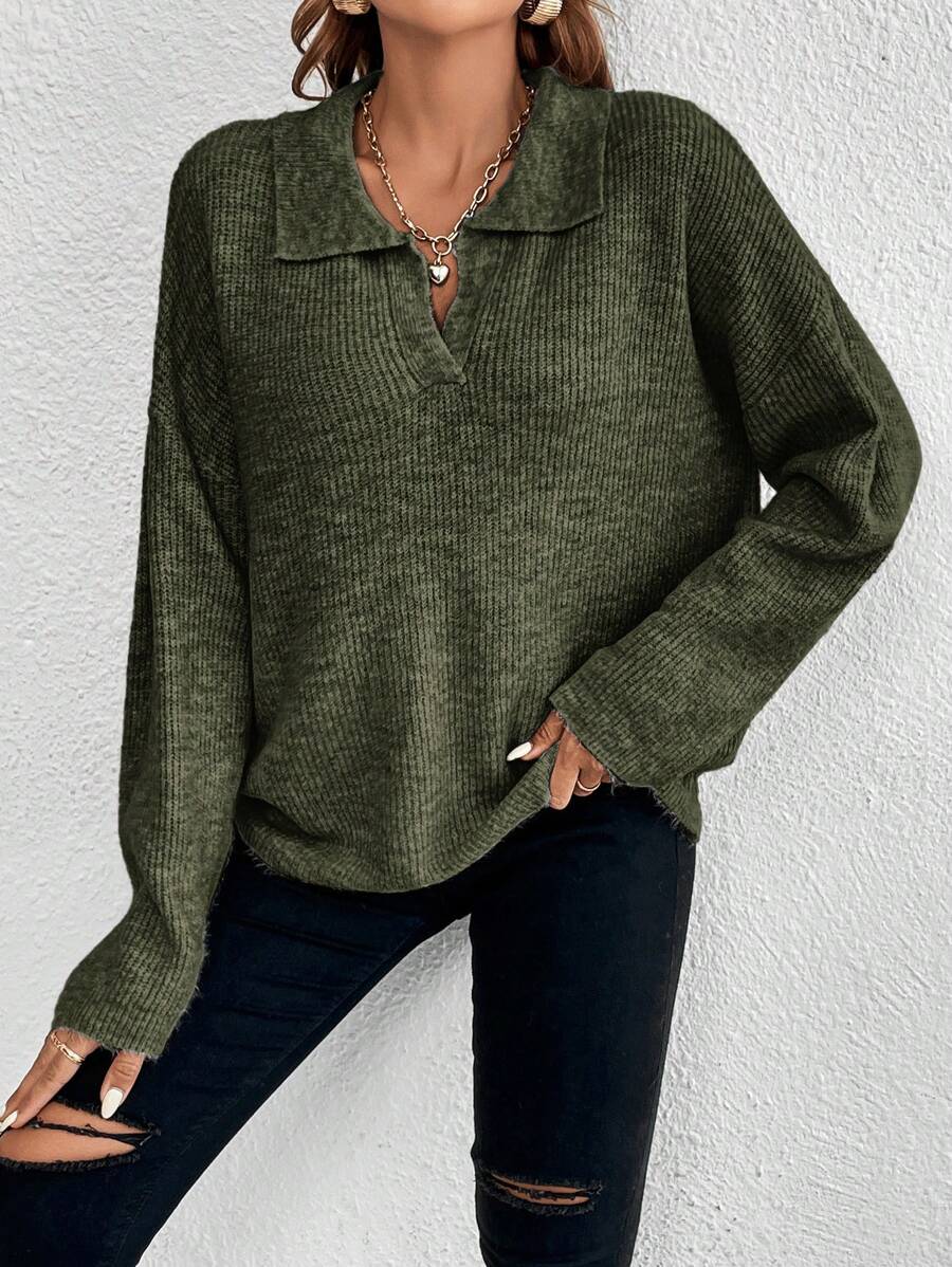 SHEIN Frenchy Jersey unicolor de hombros caídos tejido de canalé - Verde - Ver 1