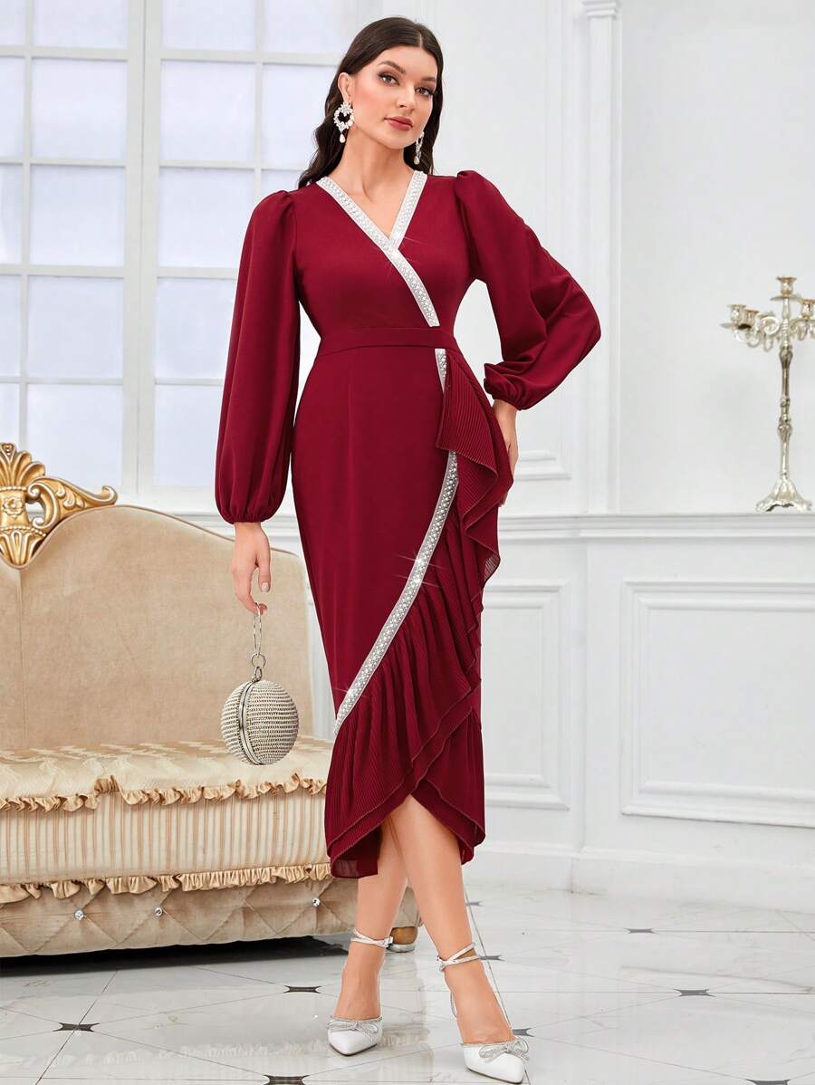 Modelyn 勃艮第红灯笼袖荷叶边裹身下摆连衣裙 - 酒紅色 - 查看 1