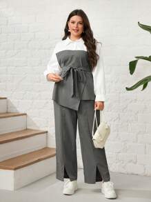 Mulvari Plus Two Tone Belted Blouse & Split Hem Pants 2 Piece Set - Black and White - View 3