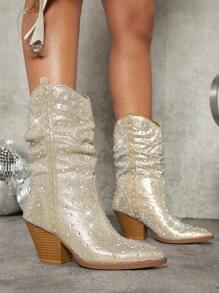 SHUZIA Kim loại Mặc vào Gót thô Giày ống - Rượu sâm banh - Xem 2