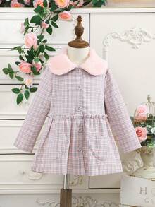 SHEIN Young Girl Plaid Print Borg Collar Frill Trim Overcoat - Multicolor - View 3