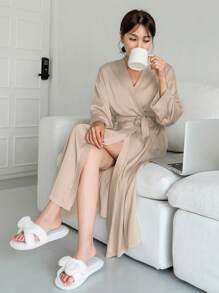 DAZY Solid Belted Wrap Robe Pajama Fall,Winter - Khaki - View 1