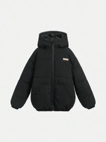 SHEIN Tween Boy Patched Detail 3D Ears Design Hooded Padded Coat,In Fall/Winter - Black - View 3