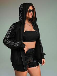 SHEIN ICON 加大码水钻字母图案拉链卫衣 - 黑色 - 查看 6