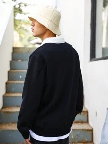 Manfinity Hypemode Hombres Jersey de cuello en contraste de hombros caídos - Negro - Ver 2