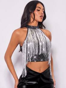 SHEIN BAE Christmas Fringe Trim Crop Sequin Halter Top - Black - View 5