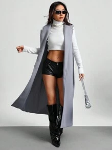 SHEIN Unity Lapel Neck Sleeveless Belted Longline Overcoat - Grey - View 1