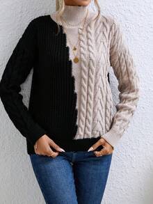 SHEIN LUNE Two Tone Cable Knit Drop Shoulder Sweater - Multicolor - View 3