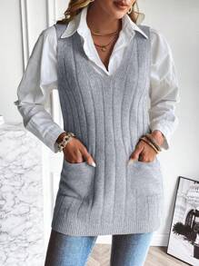 EMERY ROSE Dual Pocket Split Hem Sweater Vest Without Blouse