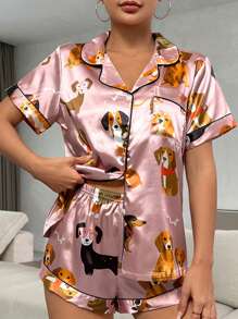 Conjunto de pijama / pijama de satén con gráficos de dibujos animados y ribete de contraste - Rosa vieja - Ver 6