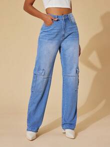 SHEIN BAE Flap Pocket Cargo Jeans - Light Wash - View 3