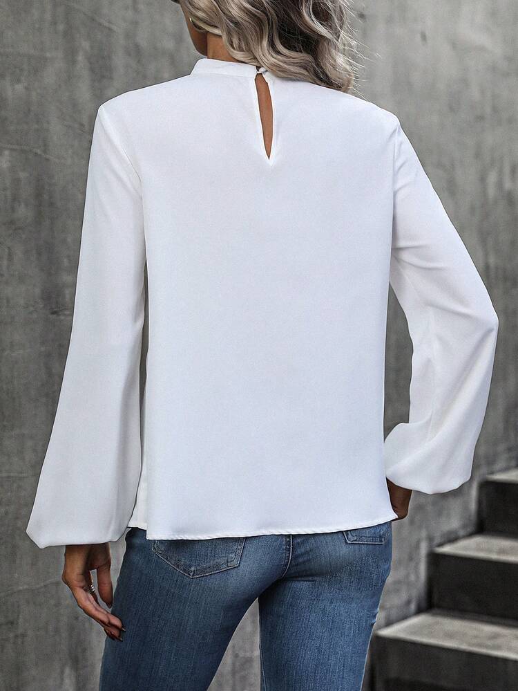 Contrast Lace Cut Out Front Lantern Sleeve Blouse Fall Cloth For Women