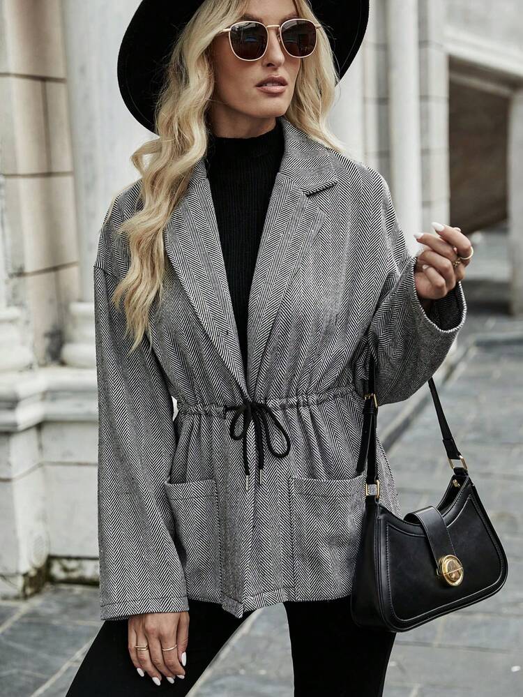 Lapel Neck Drawstring Waist Dual Pocket Drop Shoulder Coat Fall Cloth For Women