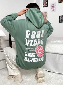 Flirla Plus Size Kangaroo Pocket Drop Shoulder Drawstring Sweatshirt - Green - View 6