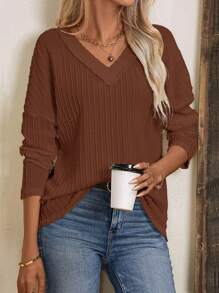 SHEIN LUNE Chất rắn Áo thun Thả vai - Cà phê nâu - Xem 4