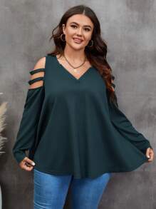 SHEIN LUNE 大碼挖肩鏤空T恤 - 墨綠色 - 查看 4