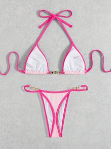 Swim Mod Summer Beach Contrast Binding Halter Triangle Bikini Set