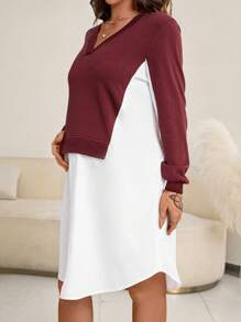 SHEIN 孕婦雙色假兩件洋裝 - 酒紅色 - 查看 4