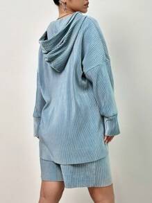 SHEIN Unity Drop Shoulder Hooded Top & Shorts - Blue - View 2