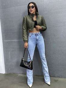 SHEIN Unity Zip Up Crop Padded Padded Coat For Winter Clothes - Army Green - View 3