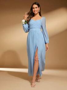 SHEIN Belle 雞心領口燈籠袖高衩伴娘連衣裙 - 淺藍色 - 查看 3