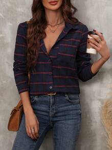 SHEIN LUNE Plaid Print Button Front Shirt - Navy Blue - View 4