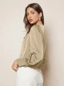 BizChic Solid Button Front Lantern Sleeve Satin Top - Apricot - View 9