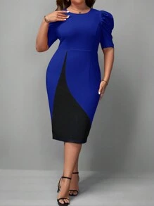 SHEIN Clasi 大碼撞色泡泡袖緊身洋裝 - 寶藍色 - 查看 6
