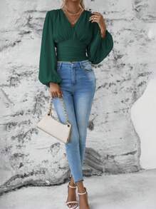 SHEIN Clasi Surplice Neck Lantern Sleeve Crop Blouse - Dark Green - View 3