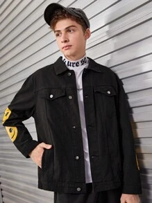 SHEIN 青少年男孩卡通圖案翻蓋細節牛仔夾克