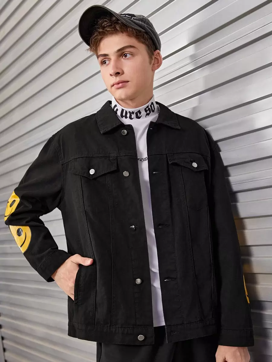 SHEIN 青少年男孩卡通圖案翻蓋細節牛仔夾克