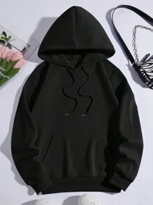 SHEIN EZwear 字母&龍圖案袋鼠口袋抽繩保暖連帽衫 - 黑色 - 查看 2