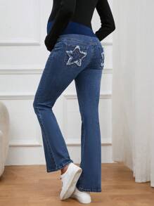 SHEIN 孕婦星星圖案牛仔喇叭褲 - 中等水洗藍 - 查看 1