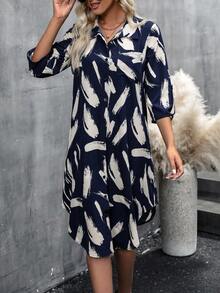 SHEIN LUNE Graphic Print Button Front Shirt Dress - Blue - View 3