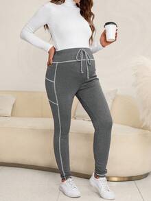 SHEIN Maternity Adjustable Waist Top-stitching Knot Front Leggings - Grey - View 6