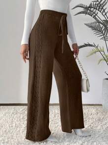 SHEIN LUNE Drawstring Waist Wide Leg Sweater Pants - Coffee Brown - View 4