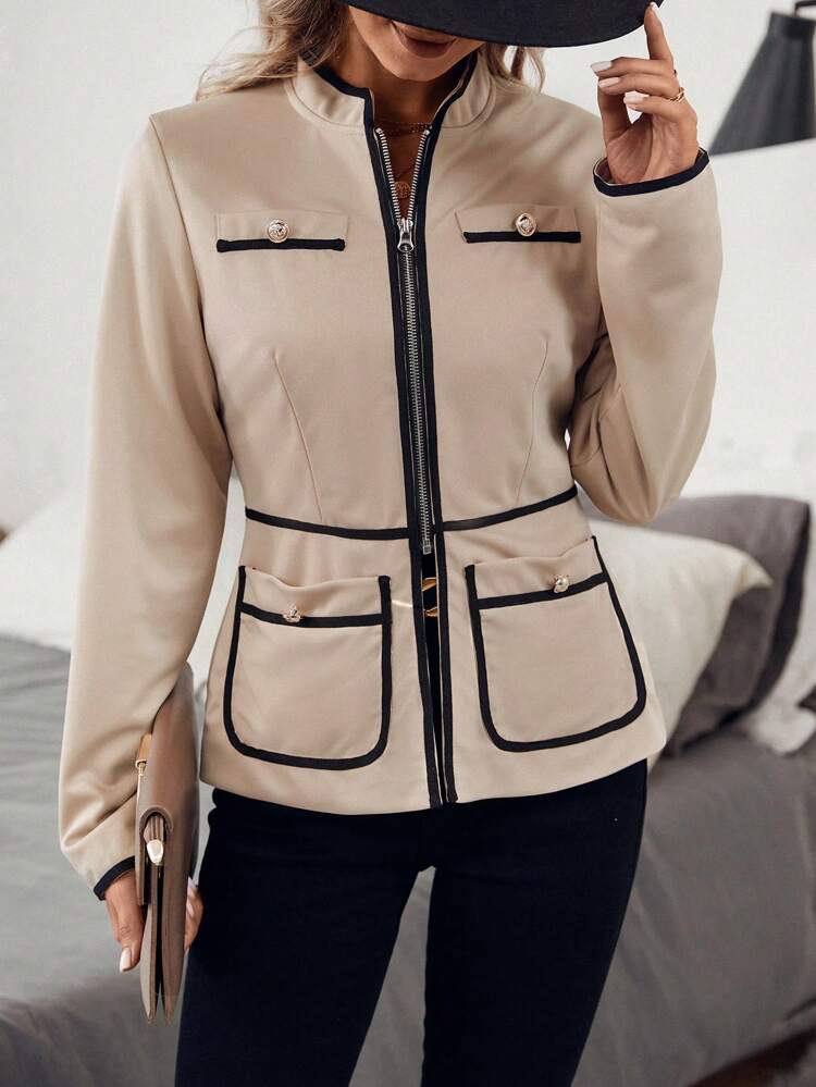 Contrast Binding Zip Up Pocket Patched Contrast Binding Coat