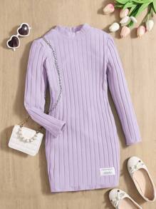 SHEIN 女大童字母補丁細節小高領洋裝 - 淡紫色 - 查看 1