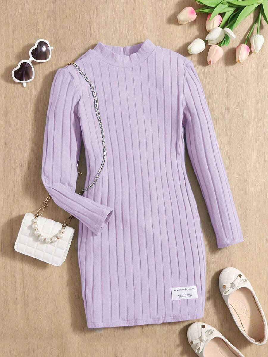 SHEIN 女大童字母補丁細節小高領洋裝 - 淡紫色 - 查看 1