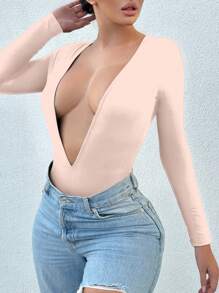 SHEIN SXY Plunging Neck Slim Fit Bodysuit - Pink - View 4