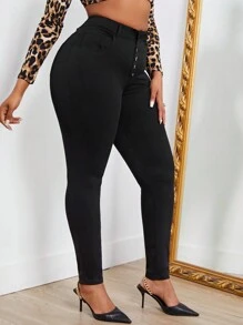 SHEIN SXY Plus Size Plain Color Button Fly Skinny Pants - Black - View 5
