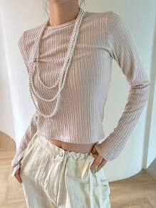 DAZY Solid Cut Out Front Tee Long Sleeve Women Tops - Khaki - View 6