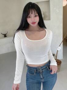 DAZY Áo thun cổ tròn trơn, quần áo mùa thu tay dài cho nữ - trắng - Xem 4