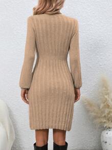 EMERY ROSE Vestido de punto unicolor tejido de canalé - Caqui - Ver 2