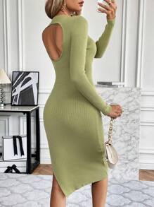 SHEIN Clasi Vestido de punto de muslo con abertura tejido de canalé - Verde - Ver 2