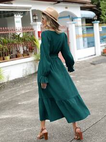 SHEIN Clasi Vestido con cinturón de manga con volante bajo con fruncido - Verde Oscuro - Ver 2