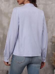 SHEIN LUNE Striped Print Tie Neck Puff Sleeve Blouse Fall Cloth For Women - Blue and White - View 2