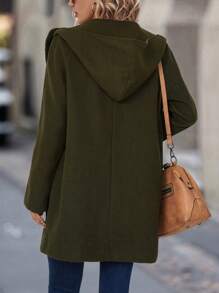 EMERY ROSE Solid Zip Up Hooded Overcoat - Army Green - View 2