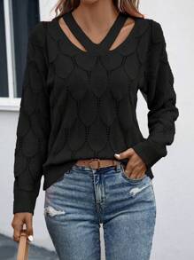 SHEIN LUNE 露肩针织套头衫秋冬毛衣 - 黑色 - 查看 5