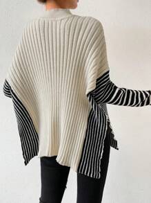 SHEIN Essnce 條紋圖案小高領落肩袖下擺開叉套頭毛衣 - 黑與白 - 查看 2